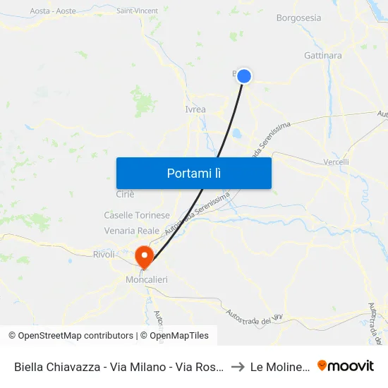 Biella Chiavazza - Via Milano - Via Rosazza to Le Molinette map