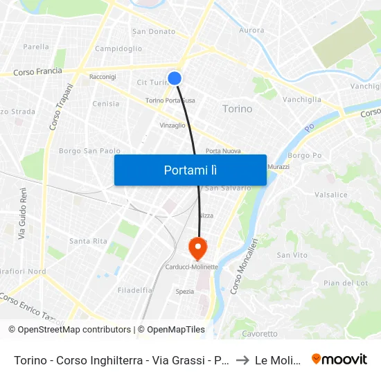Torino - Corso Inghilterra - Via Grassi - Porta Susa FS to Le Molinette map