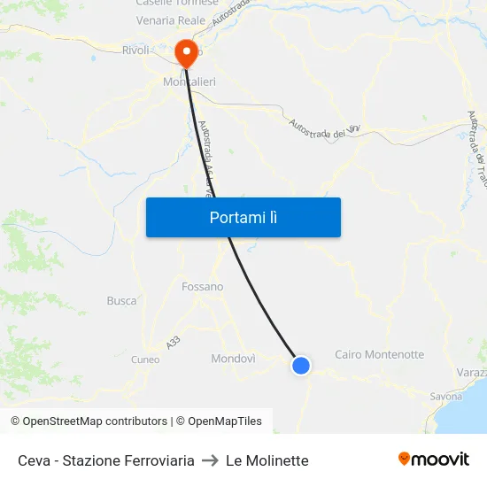 Ceva - Stazione Ferroviaria to Le Molinette map
