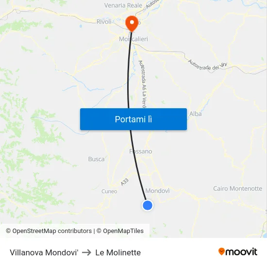 Villanova Mondovi' to Le Molinette map