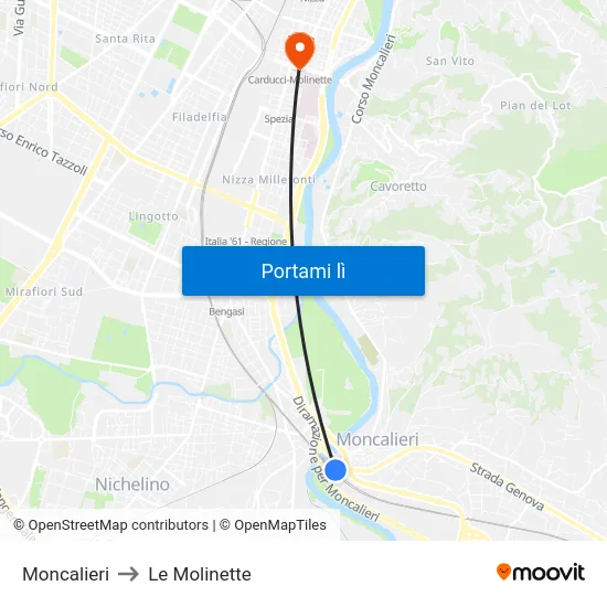 Moncalieri to Le Molinette map