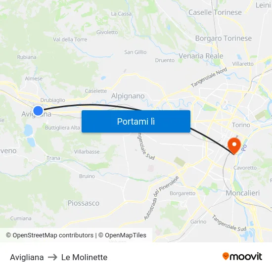 Avigliana to Le Molinette map