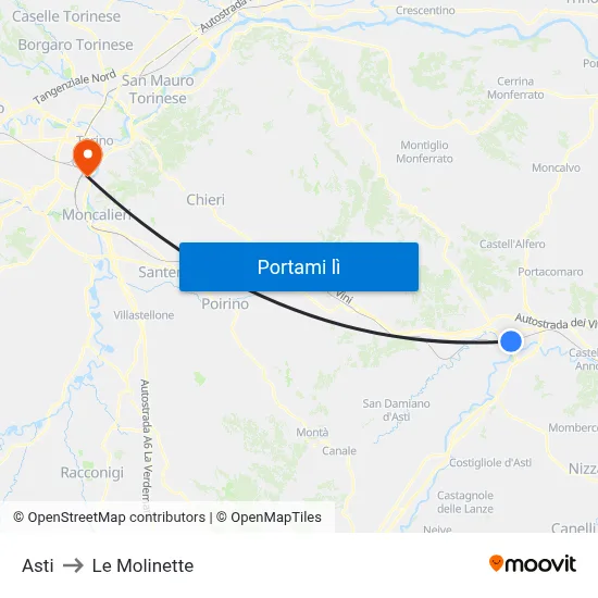 Asti to Le Molinette map