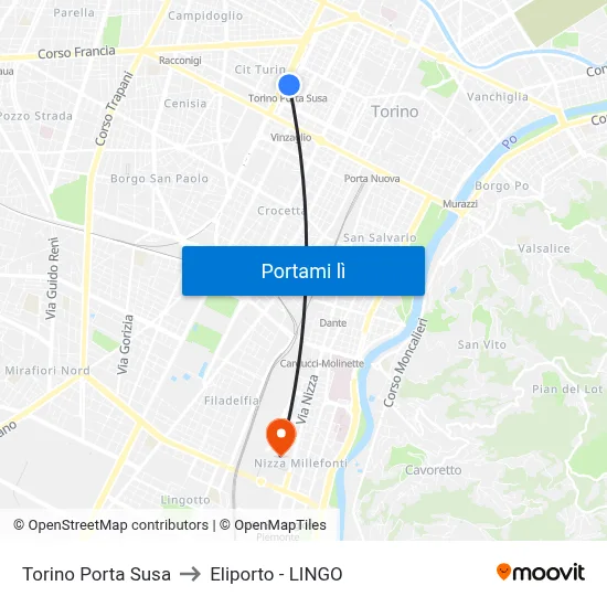Torino Porta Susa to Eliporto - LINGO map