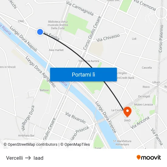 Vercelli to Iaad map