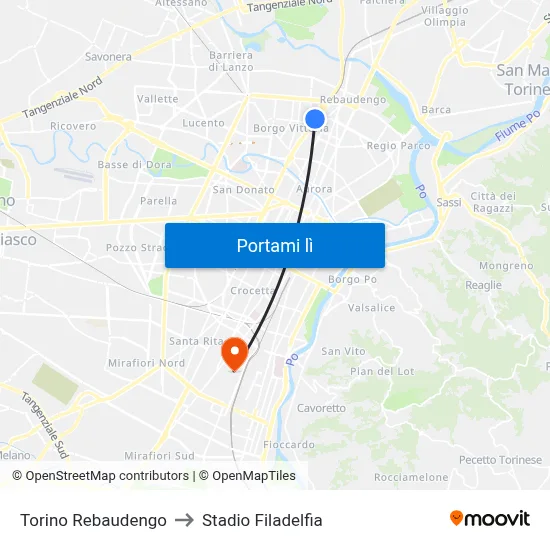 Torino Rebaudengo to Stadio Filadelfia map