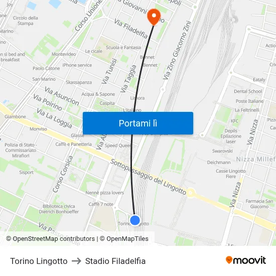 Torino Lingotto to Stadio Filadelfia map