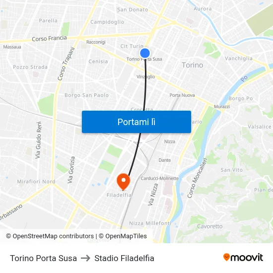 Torino Porta Susa to Stadio Filadelfia map
