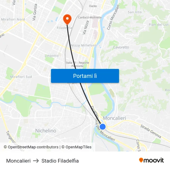 Moncalieri to Stadio Filadelfia map
