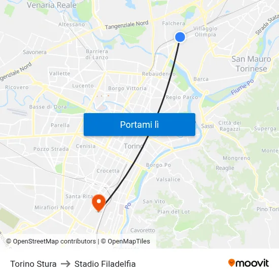 Torino Stura to Stadio Filadelfia map