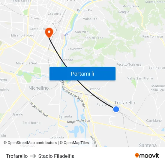 Trofarello to Stadio Filadelfia map