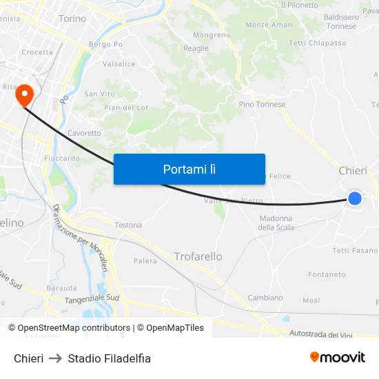 Chieri to Stadio Filadelfia map