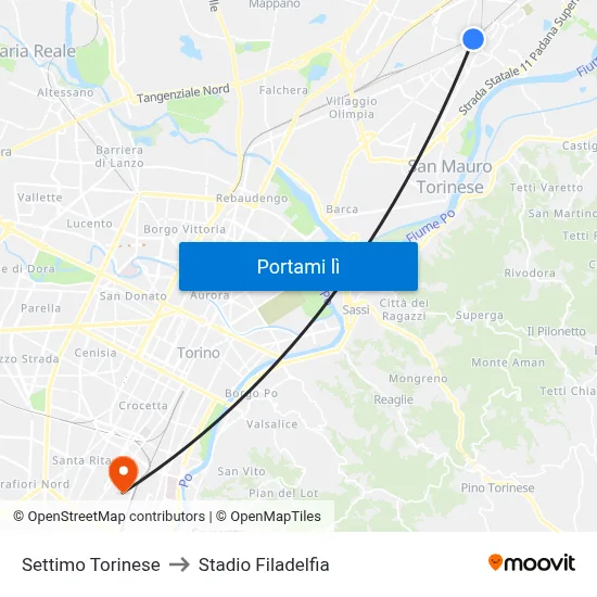 Settimo Torinese to Stadio Filadelfia map
