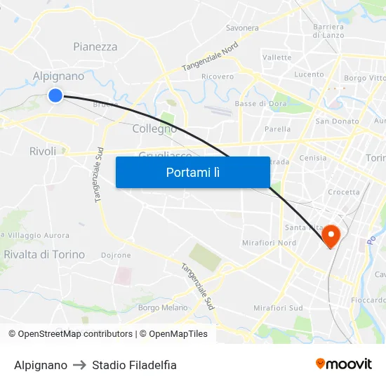 Alpignano to Stadio Filadelfia map