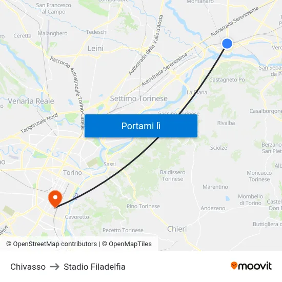 Chivasso to Stadio Filadelfia map
