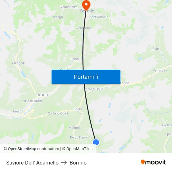 Saviore Dell' Adamello to Bormio map