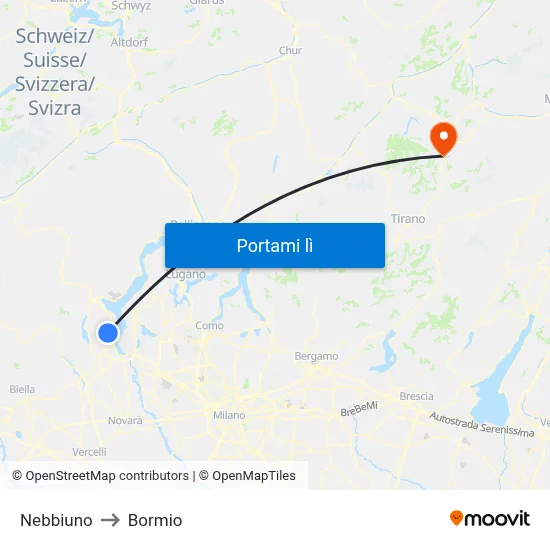 Nebbiuno to Bormio map