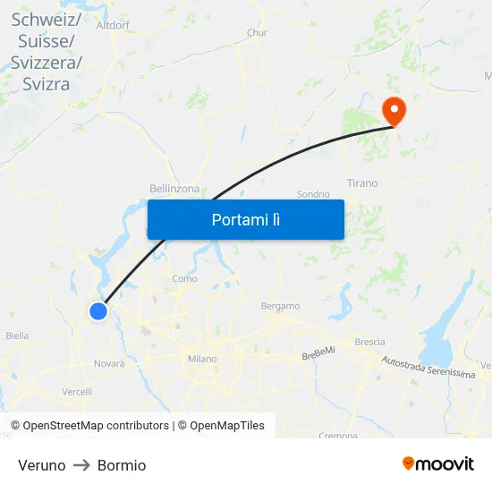 Veruno to Bormio map