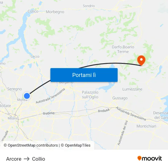 Arcore to Collio map