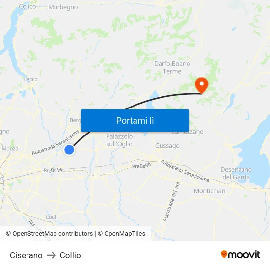 Ciserano to Collio map