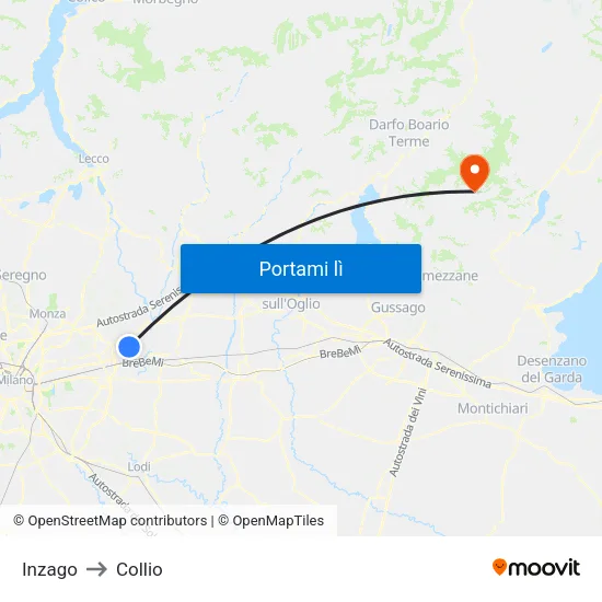 Inzago to Collio map