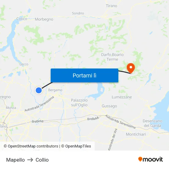 Mapello to Collio map