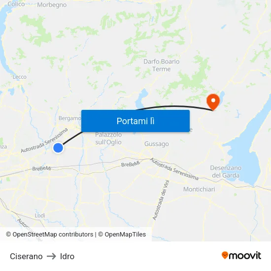 Ciserano to Idro map