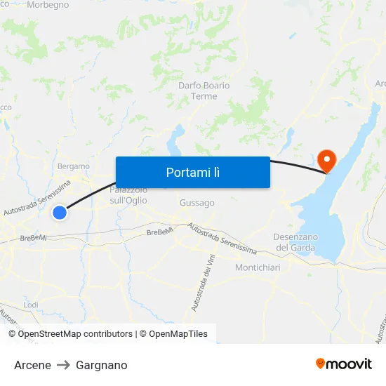Arcene to Gargnano map