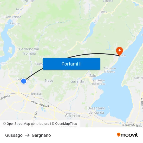Gussago to Gargnano map