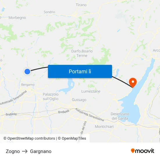 Zogno to Gargnano map