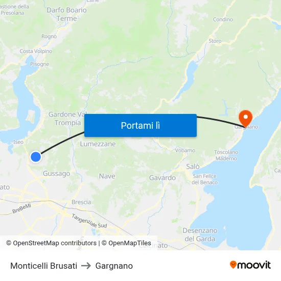 Monticelli Brusati to Gargnano map