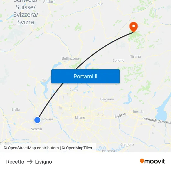 Recetto to Livigno map