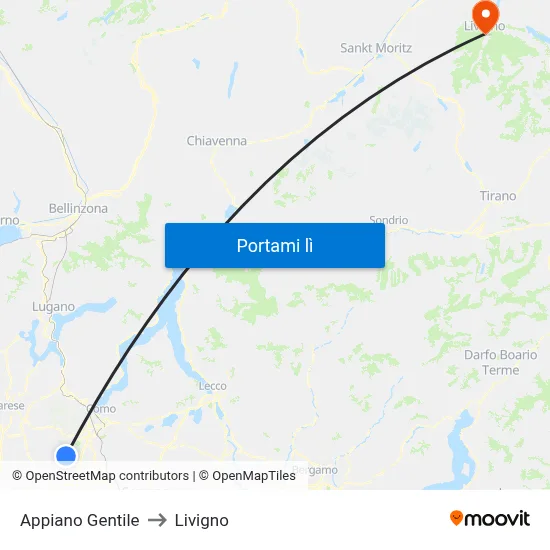 Appiano Gentile to Livigno map