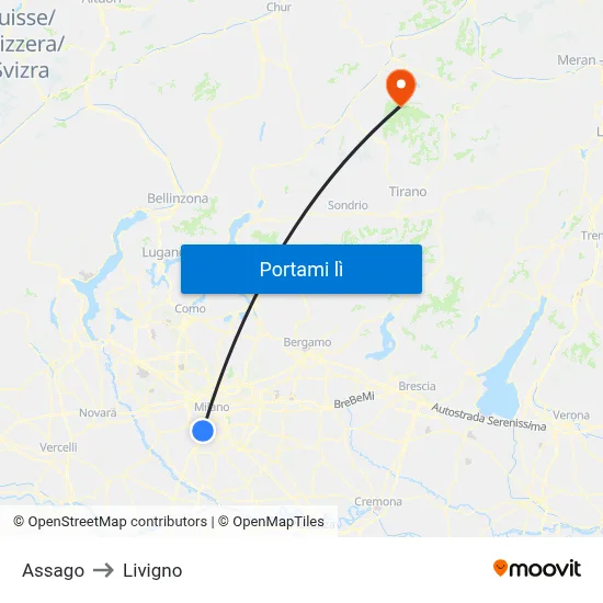 Assago to Livigno map