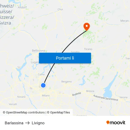 Barlassina to Livigno map