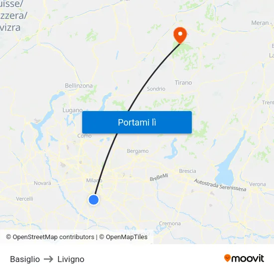 Basiglio to Livigno map