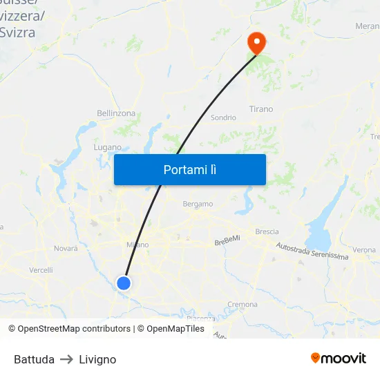 Battuda to Livigno map