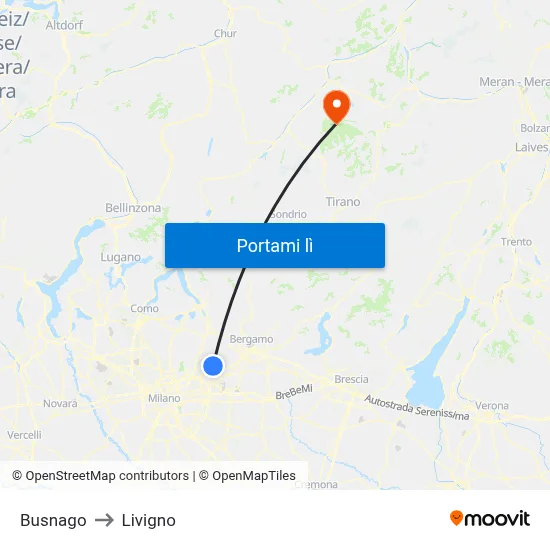 Busnago to Livigno map