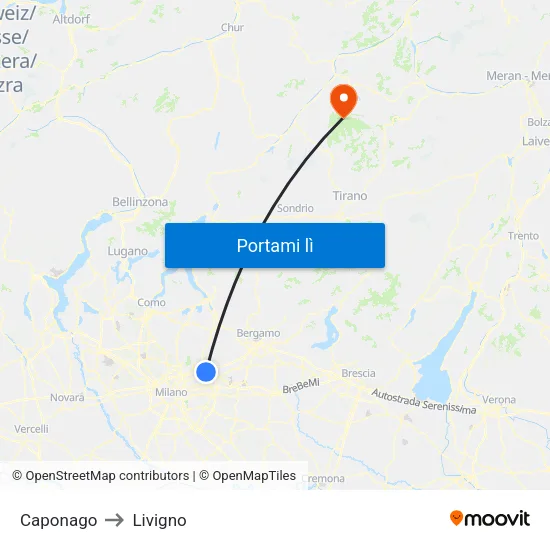 Caponago to Livigno map