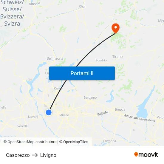 Casorezzo to Livigno map