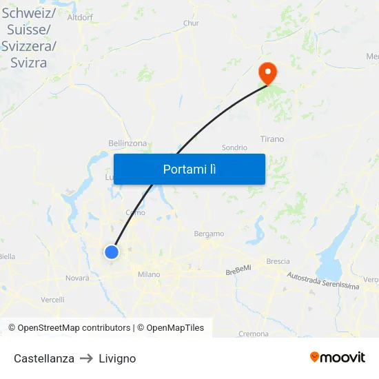 Castellanza to Livigno map