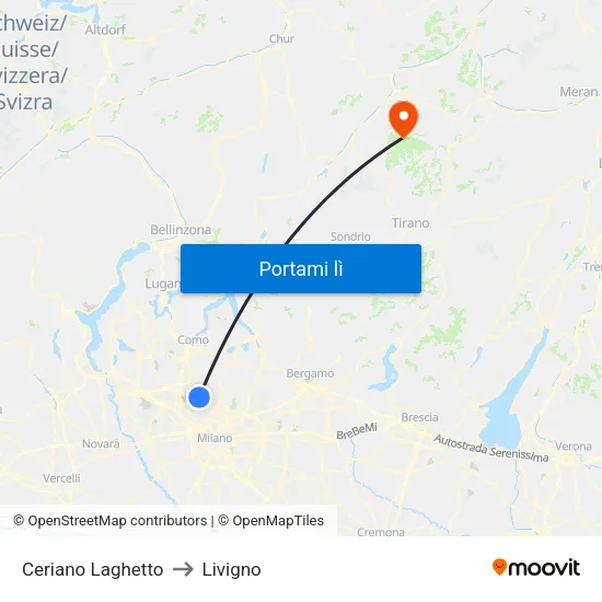 Ceriano Laghetto to Livigno map