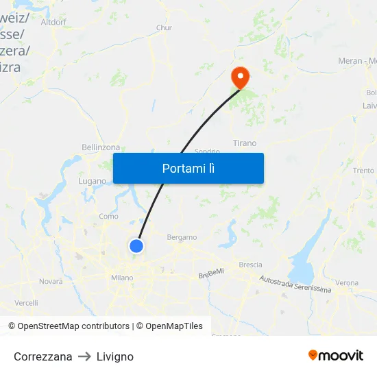 Correzzana to Livigno map