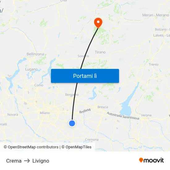Crema to Livigno map