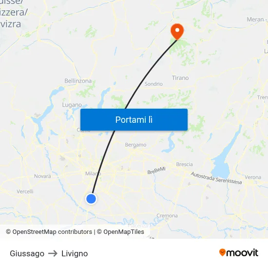 Giussago to Livigno map