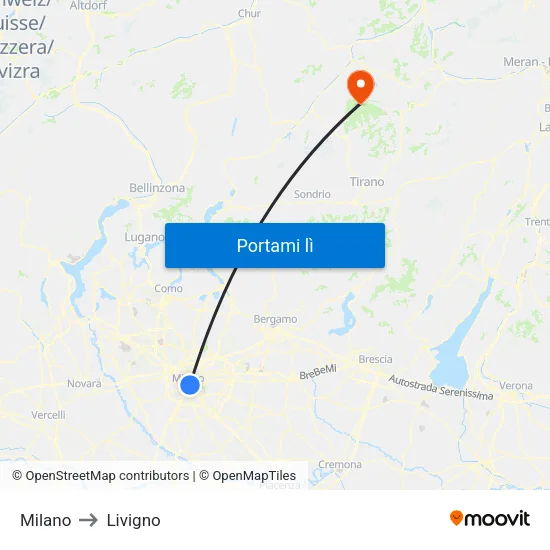 Milano to Livigno map