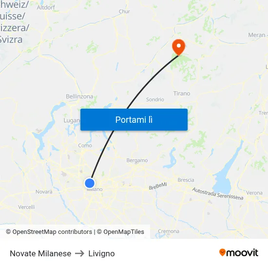 Novate Milanese to Livigno map