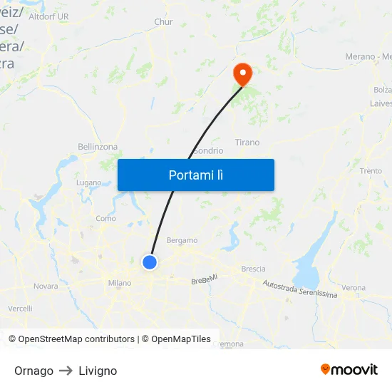 Ornago to Livigno map
