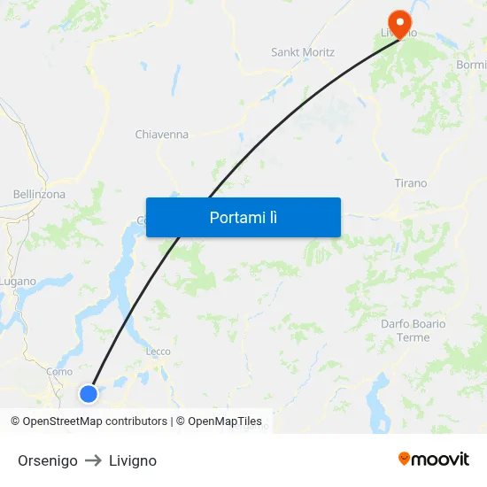 Orsenigo to Livigno map