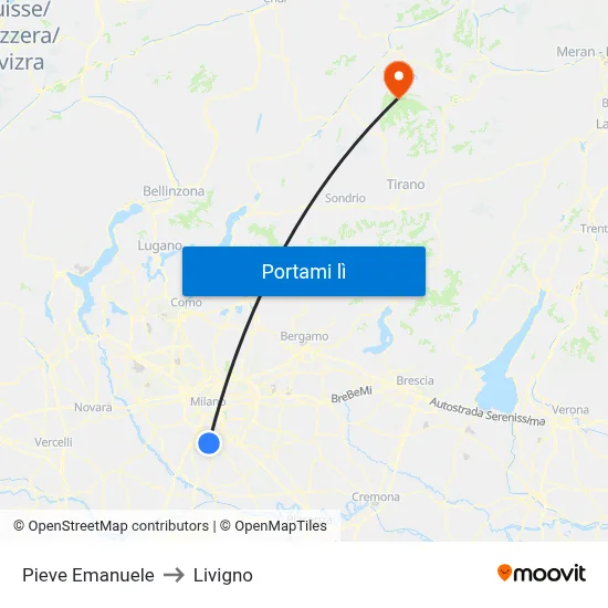 Pieve Emanuele to Livigno map